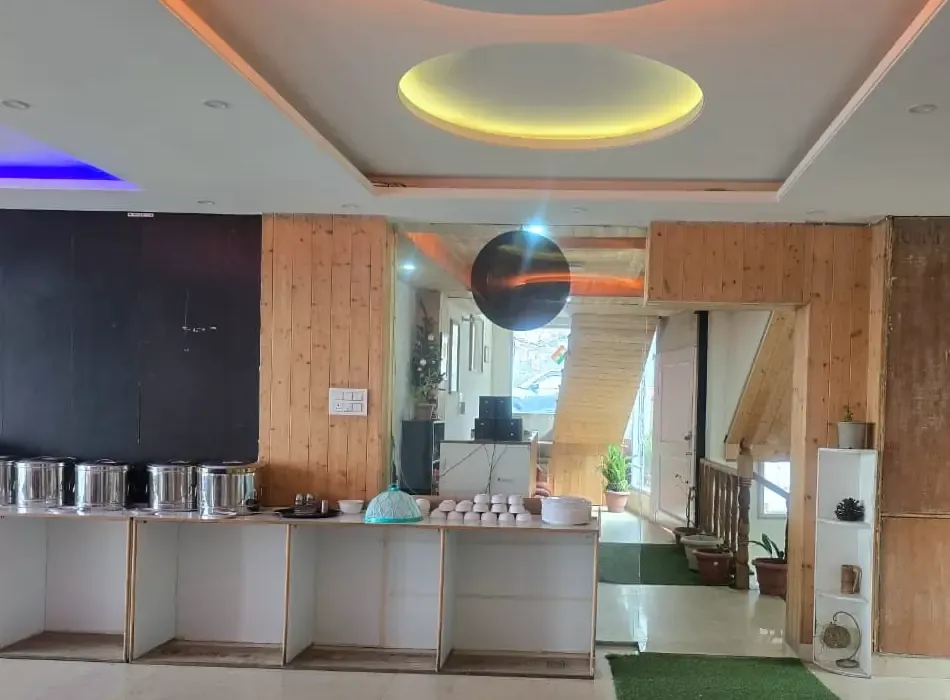 Breakfast buffet counter with wooden panelling